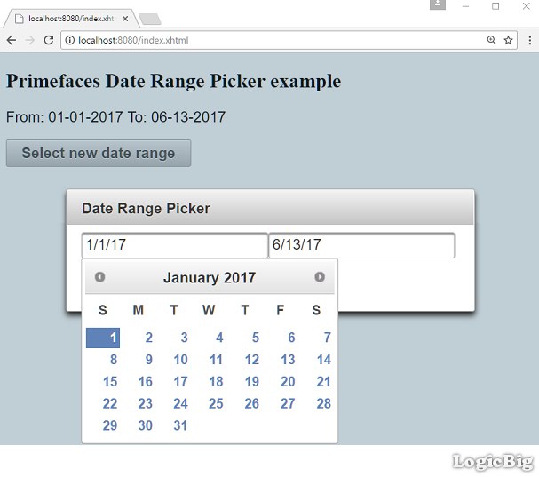 Display date. Компонент Date range. Html primefaces if пример.